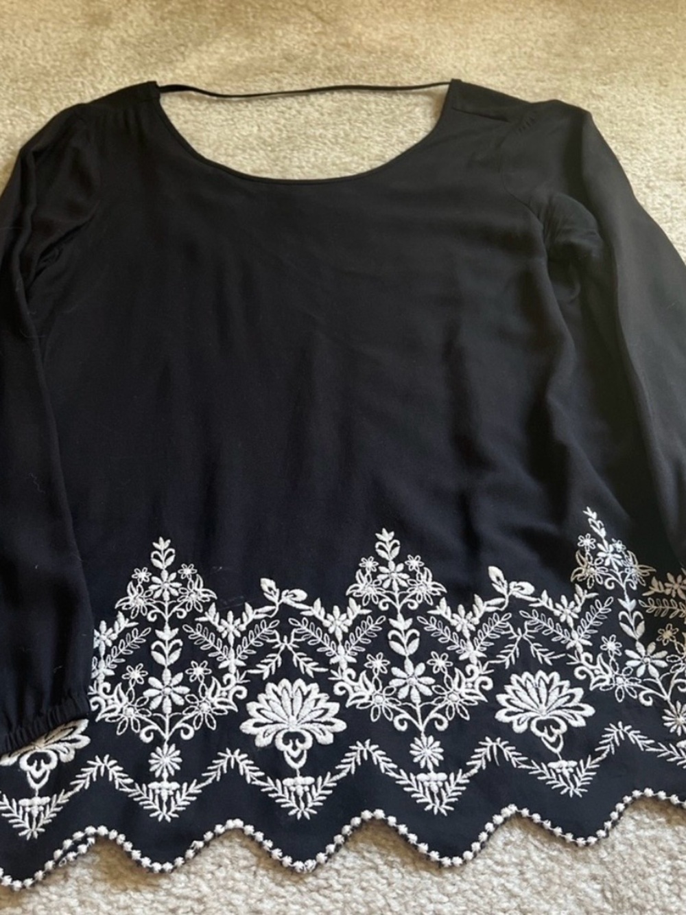 Black Long-Sleeve Women's Blouse with White Embroidered Hem